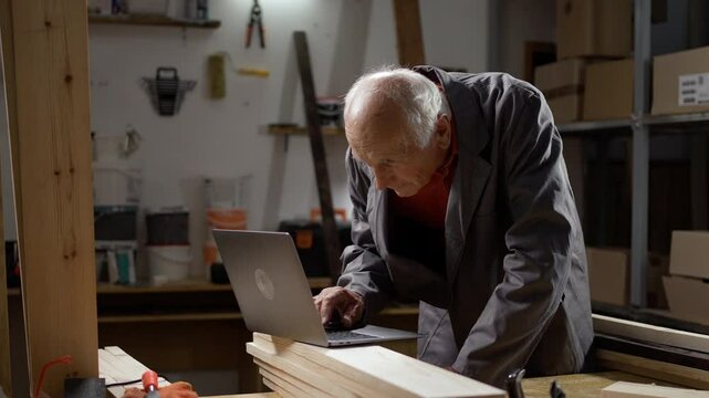 Hardworking elderly man, a grey-haired carpenter with laptop computer in carpentry workshop. Small business and woodwork