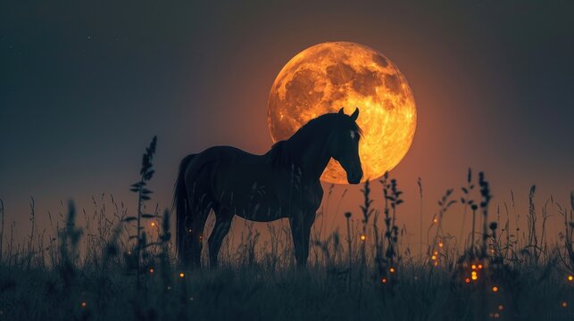Horse silhouette against a full moon nights mystical