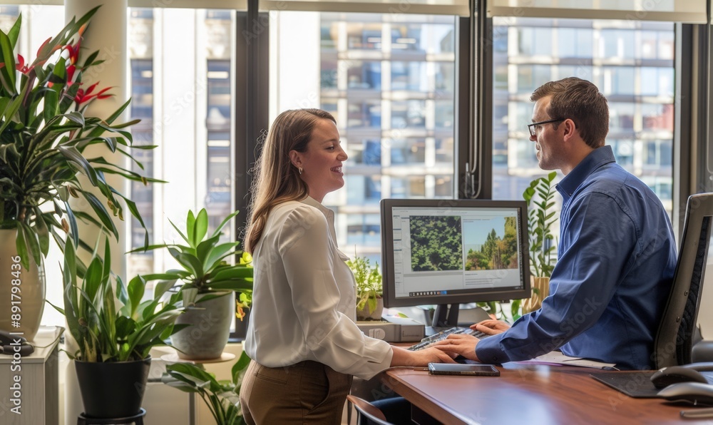 Poster professional couple collaborating on a computer in an office setting