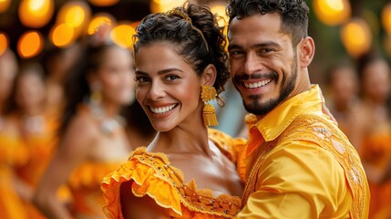 A joyful couple dancing together in vibrant yellow outfits, celebrating a festive occasion with smiles and warm atmosphere.