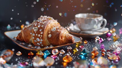 Luxurious breakfast with croissant and coffee among sparkling gems.