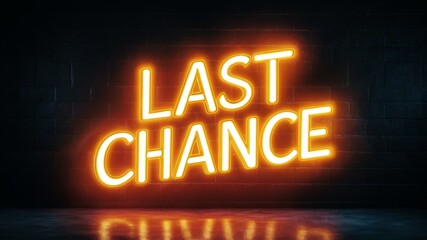 Bright modern neon sign displaying last chance against a dark brick wall background. perfect for marketing campaigns, urgent sales, or limited-time offers.