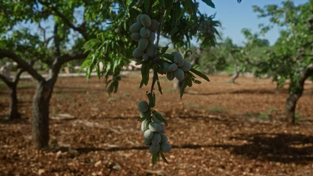 Close-up of almond tree prunus dulcis with green almonds in a sunlit orchard in puglia, italy, highlighting the vibrant outdoor scenery and agricultural setting.