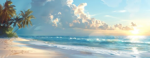 Tropical Beach Sunset with Palm Trees and Waves