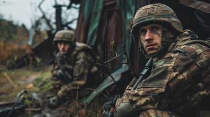 Fototapeta premium Soldiers in camouflage gear on a stealth mission in the wilderness.