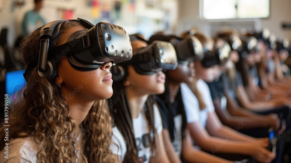 Poster using vr headsets in class: a group of students using vr headsets in a classroom, experiencing a vir