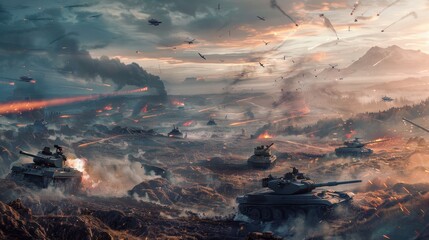 Dramatic battle scene with tanks and aircraft amidst a chaotic landscape