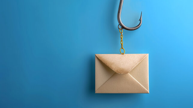 Conceptual image of a phishing threat represented by an envelope on a fishing hook on blue background