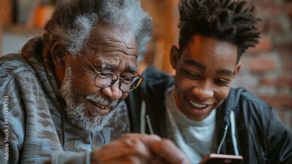 Poster senior learning smartphone: a senior learning to use a smartphone, smiling as they receive help from