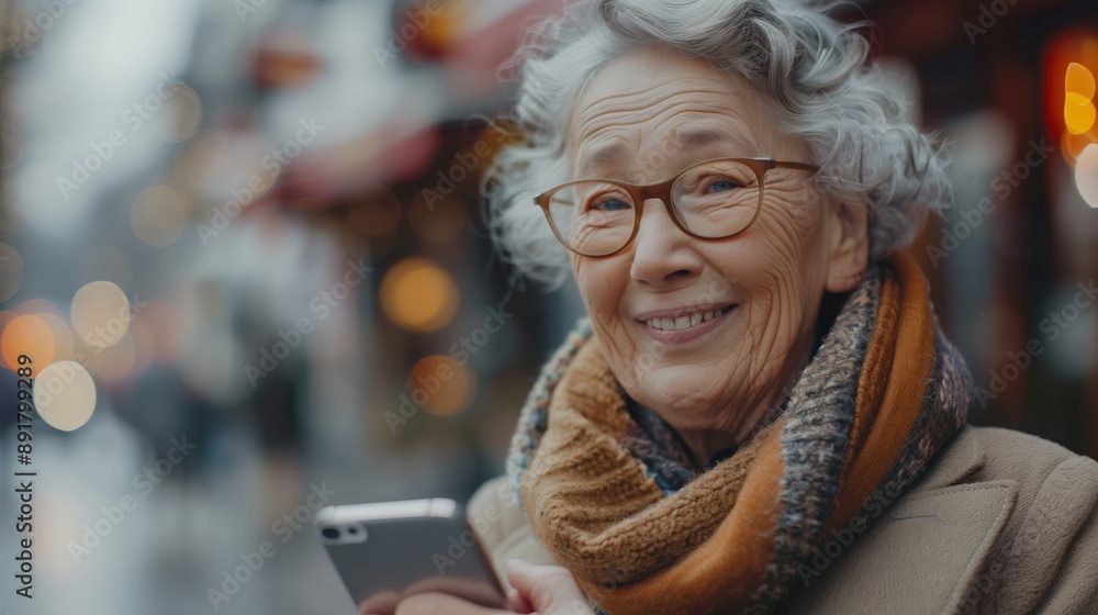 Poster senior learning smartphone: a senior learning to use a smartphone, smiling as they receive help from