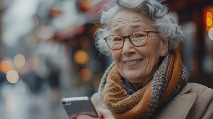 Obraz premium Senior Learning Smartphone: A senior learning to use a smartphone, smiling as they receive help from a younger person, with ample copy space on the right for text or graphics