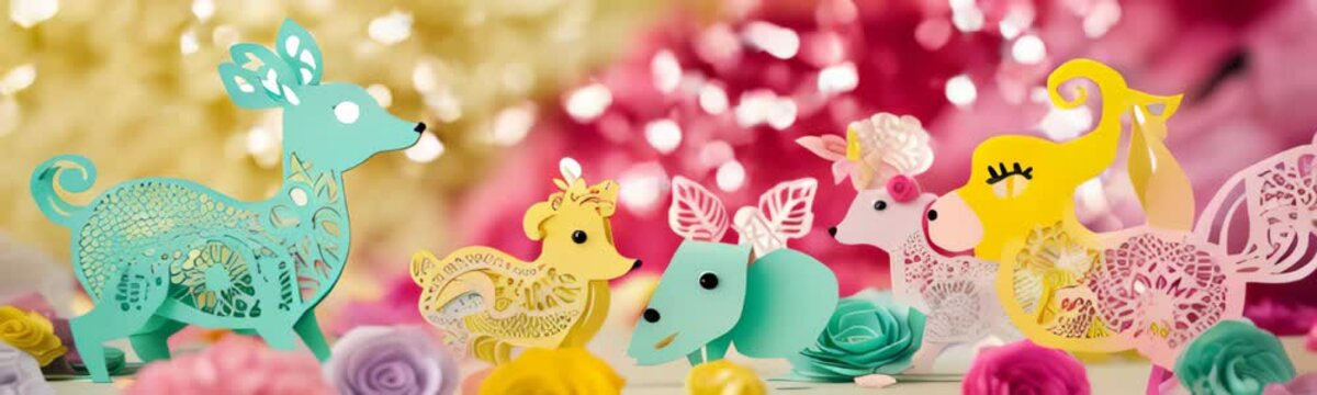 Paper art origami animals in soft pastel colors with soft bokeh lights background. Origami handmade. diy. Copy space template web banner