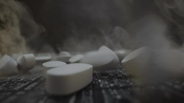 White pills fall on the table with smoke