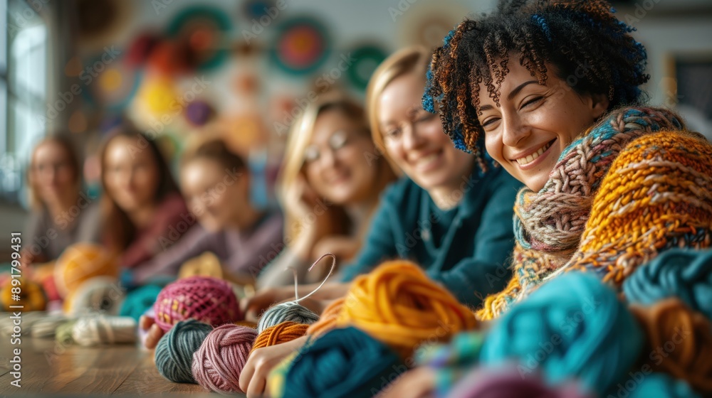 Poster knitting group: a group of friends learning to knit, sharing techniques and patterns, with ample cop