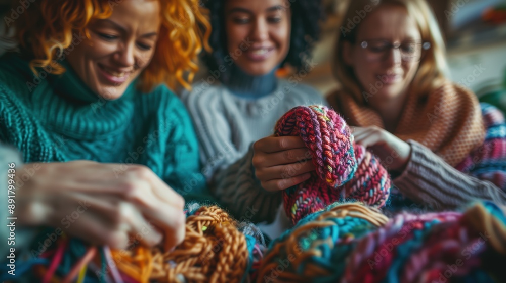 Poster knitting group: a group of friends learning to knit, sharing techniques and patterns, with ample cop