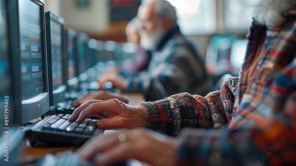 Fototapete computer class for seniors: a senior attending a computer class, typing on a keyboard and following 