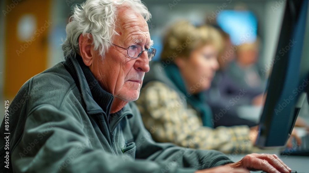 Poster computer class for seniors: a senior attending a computer class, typing on a keyboard and following 