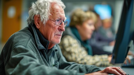 Obraz premium Computer Class for Seniors: A senior attending a computer class, typing on a keyboard and following the instructor's presentation, with ample copy space at the top for text or graphics
