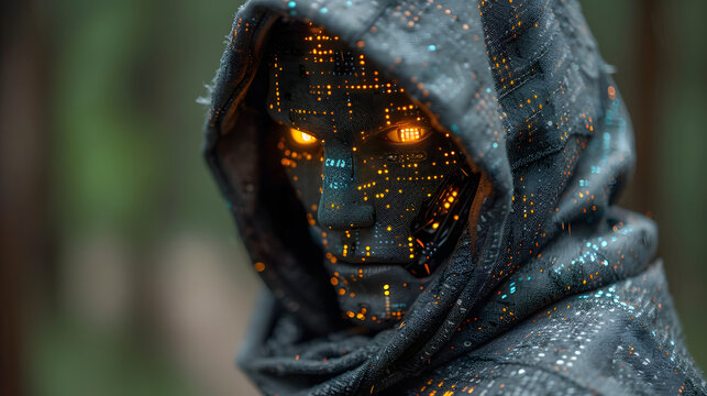 A man robot face with a hooded sweatshirt on and a face made of computer code, robotic character.