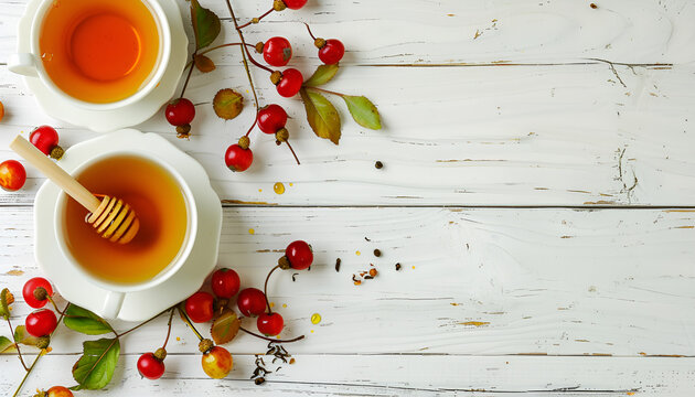 tea with rose hips and honey on a white wooden background with copy space for your text. Top view
