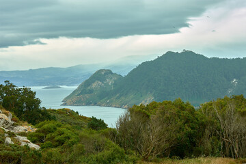 Panoramic view of a cliff on the Cies Islands in Vigo, Pontevedra, Spain