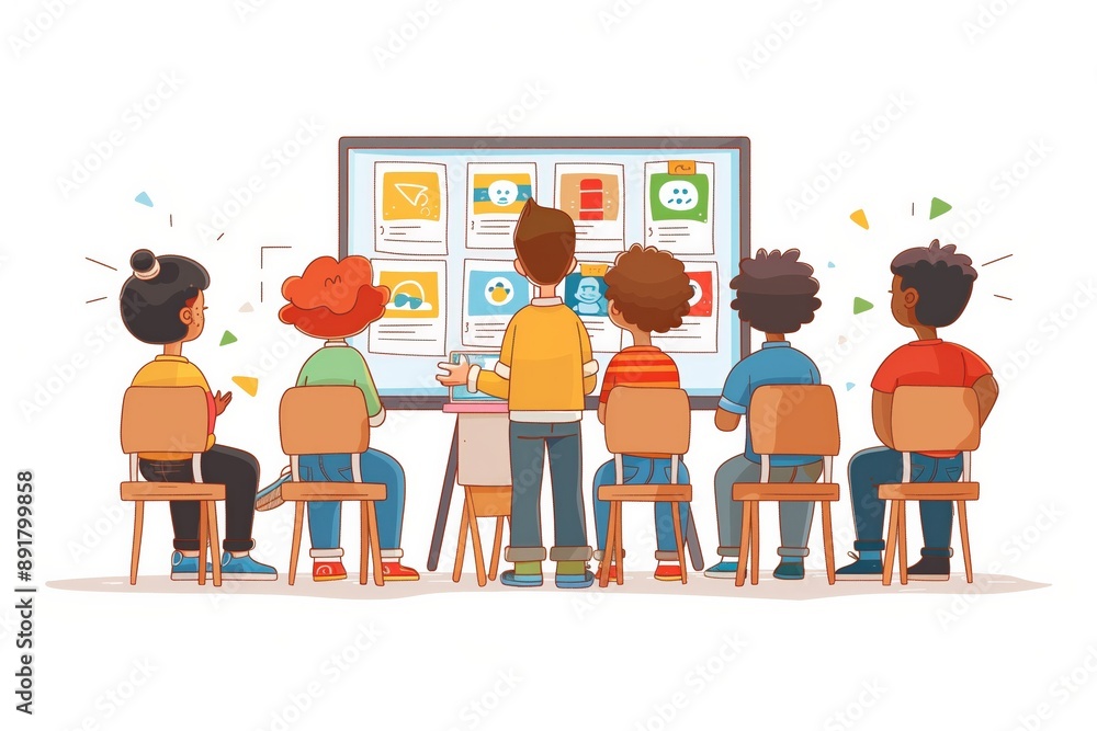 Poster simple minimal illustrate style of using digital tablet in class: a teacher using a digital tablet t