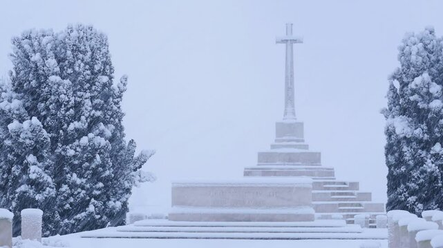 World War 1 site in Belgium :  Tyne Cot  British Military Cemetery after snowfall