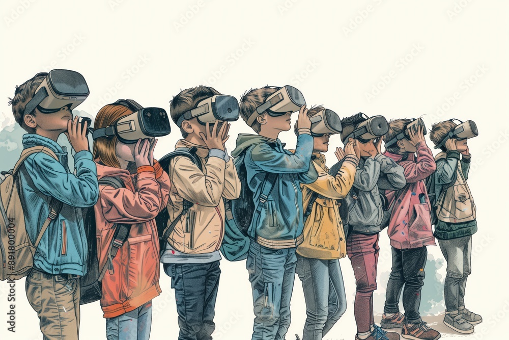 Poster simple minimal illustrate style of using vr headsets in class: a group of students using vr headsets