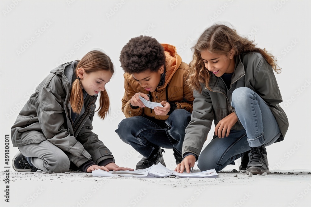 Poster simple minimal illustrate style of outdoor science project: classmates collaborating on an outdoor s