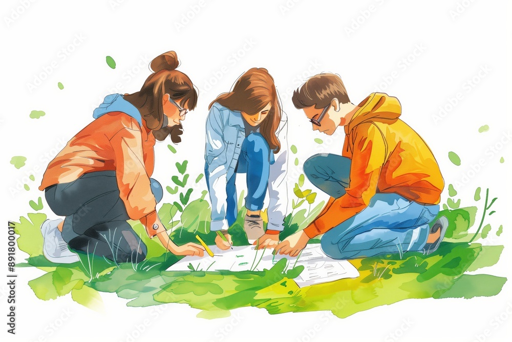 Poster simple minimal illustrate style of outdoor science project: classmates collaborating on an outdoor s