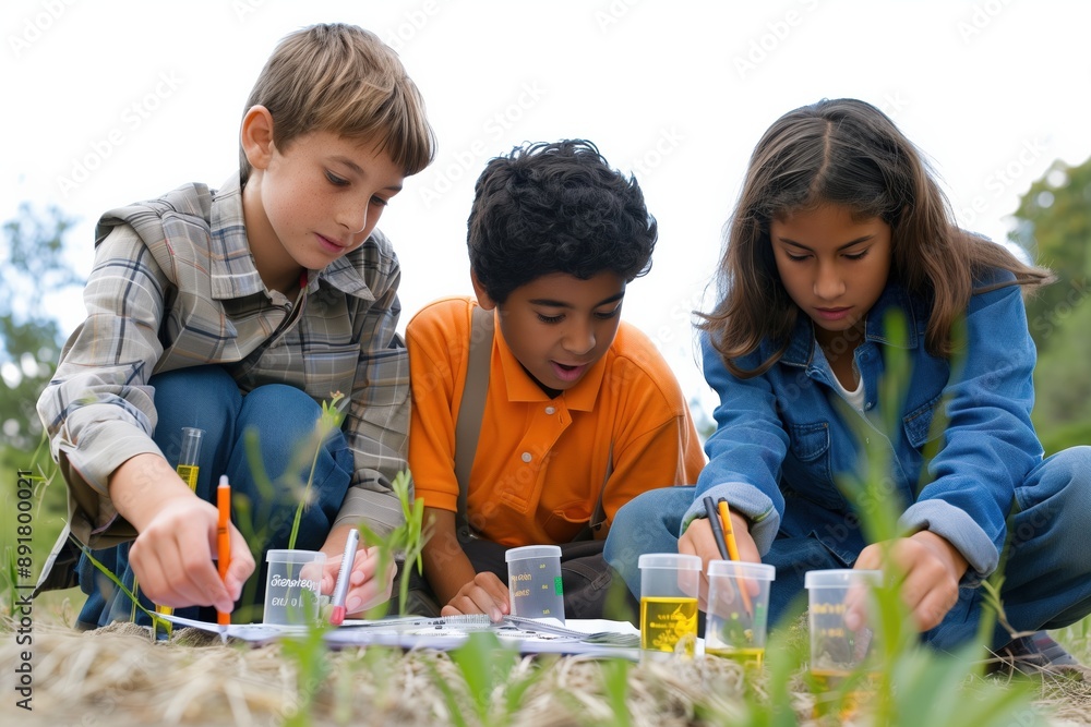 Poster simple minimal illustrate style of outdoor science project: classmates collaborating on an outdoor s