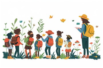 Fototapeta premium Simple minimal illustrate style of School Field Trip in Nature: A group of students on a school field trip, exploring nature with a teacher guiding them, ample copy space on a clear white background