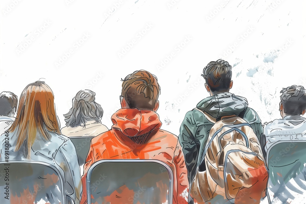 Poster simple minimal illustrate style of orientation session: college students attending an orientation se