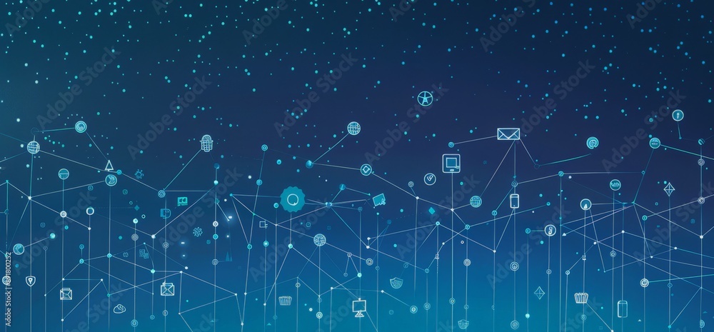 Poster digital network connections: interconnected technology icons