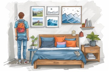 Simple minimal illustrate style of Decorating Dorm Room: Parents helping their child decorate their dorm room, arranging photos and posters on the wall, ample copy space on a clear white background