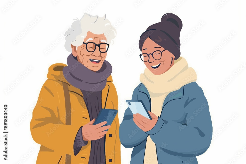 Poster simple minimal illustrate style of senior learning smartphone: a senior learning to use a smartphone