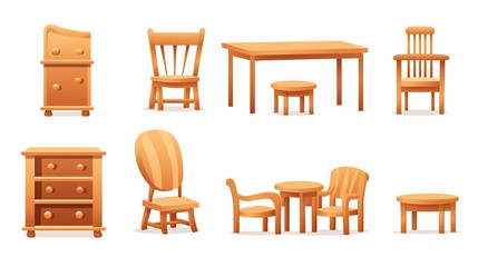 Wooden furniture set forth against a stark white background