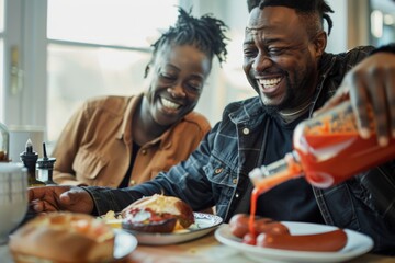 Happy Couple Sharing a Meal with Hot Dogs and Ketchup