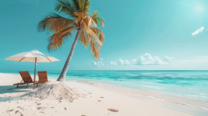 Tropical Beach Paradise with Palm Tree and Loungers