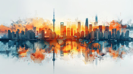 Big City Skyline: Central Color Photo Fading to Pencil Drawing. Generative AI