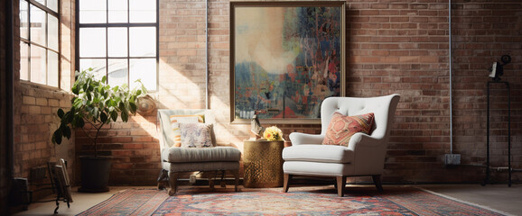 A boho-chic armchair paired with a vintage Persian rug, set against a backdrop of whitewashed brick walls adorned with eclectic artwork.