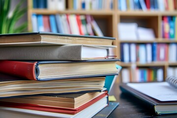 A stack of academic journals and research notebooks, symbolizing in-depth scholarly work in a university setting.