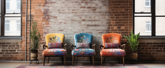 A boho-chic armchair paired with a vintage Persian rug, set against a backdrop of whitewashed brick walls adorned with eclectic artwork.