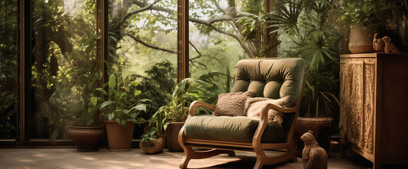 A chic bohemian armchair paired with a rustic wooden side table, set against a backdrop of botanical wallpaper for a nature-inspired retreat.
