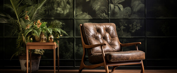 A chic bohemian armchair paired with a rustic wooden side table, set against a backdrop of botanical wallpaper for a nature-inspired retreat.