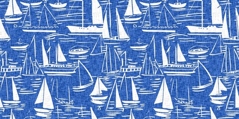 Coastal sail boat in azure ocean blue seamless border background. Modern sailing boat block print for decorative coast interior furnishing fabric for rustic linen beach cottage banner trend. 