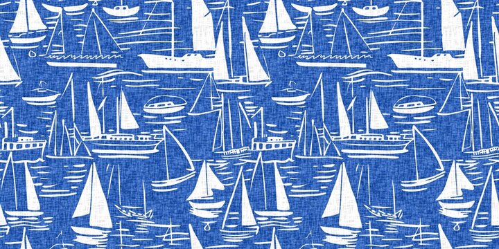 Fototapeta Coastal sail boat in azure ocean blue seamless border background. Modern sailing boat block print for decorative coast interior furnishing fabric for rustic linen beach cottage banner trend. 