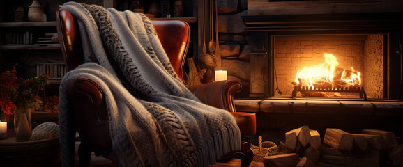 A cozy bohemian armchair nestled beside a roaring fireplace, with a stack of firewood nearby and a warm knit blanket draped over the back.