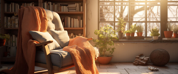 A cozy bohemian armchair nestled in a sunlit corner, with a stack of books and a warm knit throw adding comfort to the inviting seating area.