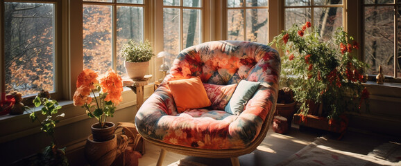 A cozy bohemian armchair nestled in the corner of a sunlit room, surrounded by floor-to-ceiling windows offering views of nature's beauty.